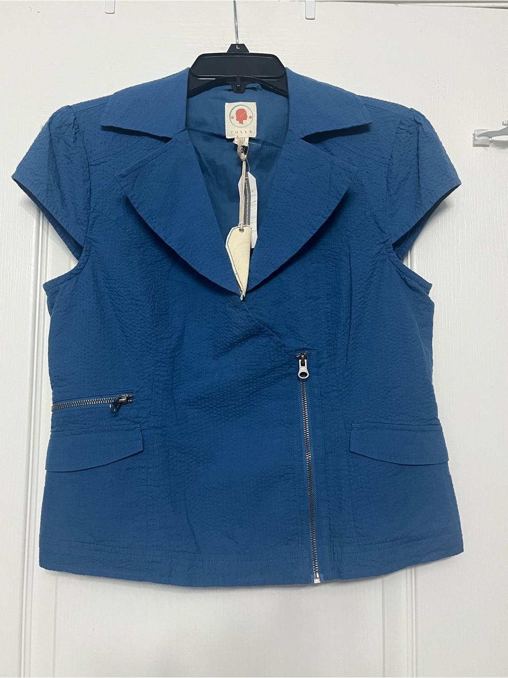 Tulle Cobalt Blue Short-Sleeve Blazer/Jacket with Zipper Front and Pockets